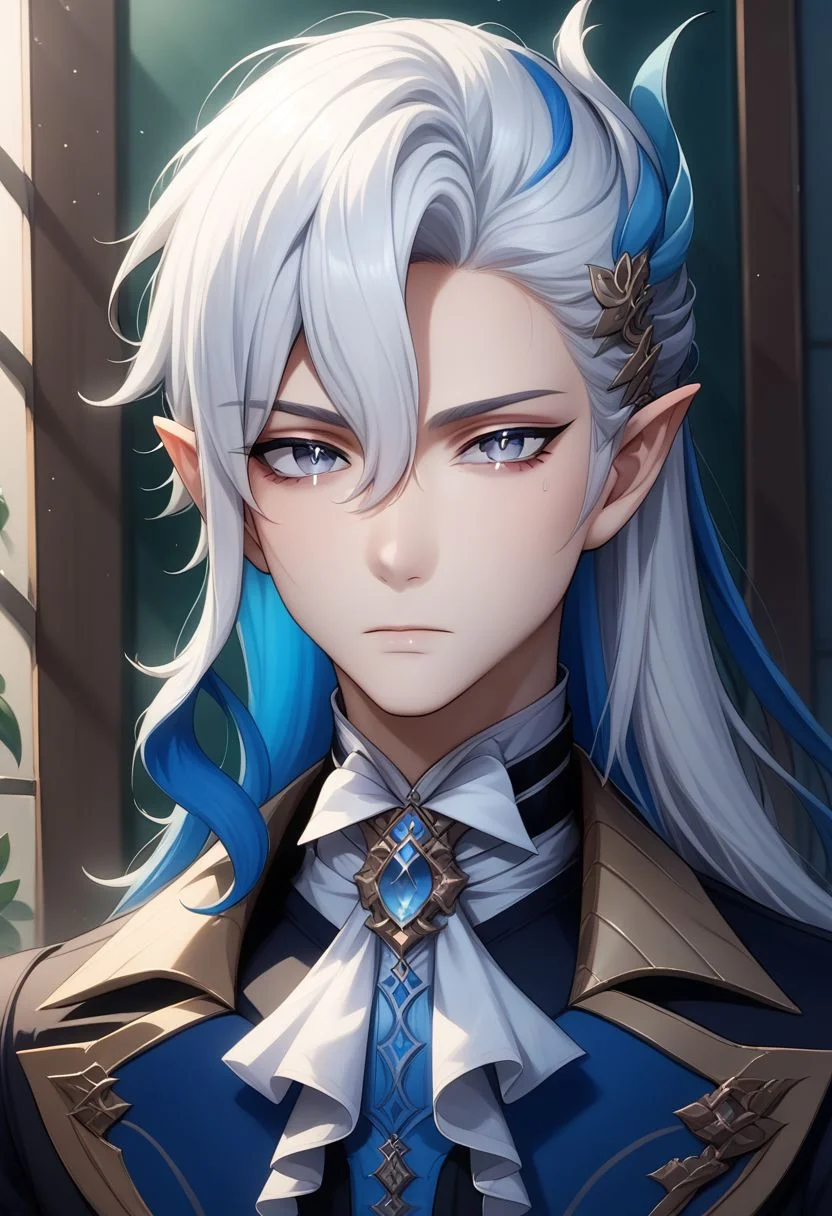 neuvillette, 1boy, male focus, solo, long hair, white hair, multicolored hair, looking at viewer, pointy ears, hair ornament, closed mouth, upper body, white ascot, ascot, blue hair, brooch, portrait, blue eyes, hair between eyes, jewelry, grey eyes, two-tone hair, feather hair ornament zPDXL