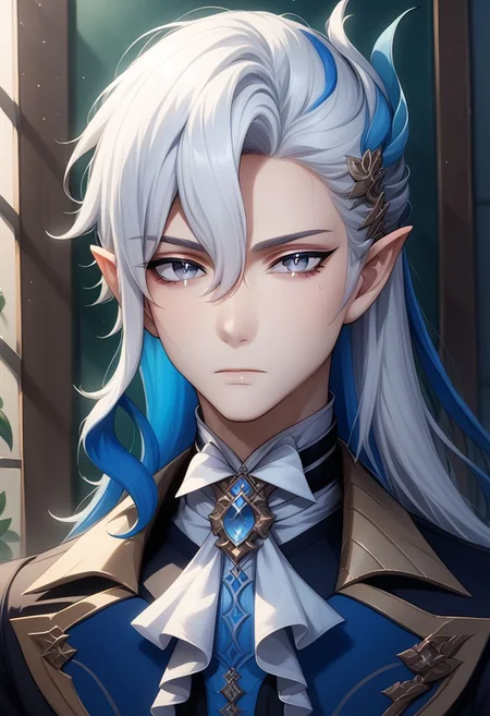 neuvillette, 1boy, male focus, solo, long hair, white hair, multicolored hair, looking at viewer, pointy ears, hair ornament, closed mouth, upper body, white ascot, ascot, blue hair, brooch, portrait, blue eyes, hair between eyes, jewelry, grey eyes, two-tone hair, feather hair ornament zPDXL