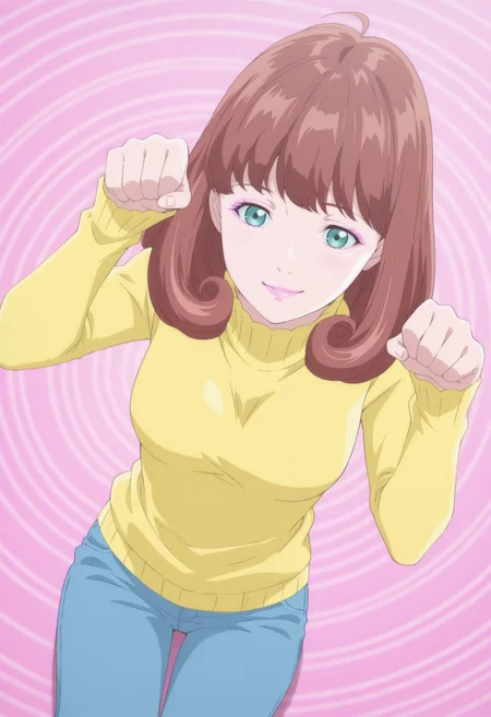 anime screencap, anime coloring, 1girl, solo, <lora:DX888MiraIL:1>gotokuji mira, aqua eyes, brown hair, medium hair, pink lips, yellow sweater, turtleneck sweater, capri pants, jeans BREAK pink background, spiral background, BREAK dutch angle, from above, dynamic pose, posing, smile, paw pose, sitting, upper body,
