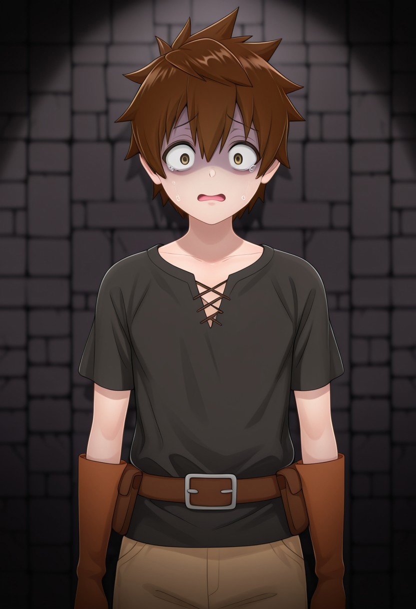 1boy, short male, solo, rito_yuuki, brown hair, brown eyes, spiked hair, looking at viewer, scared, dungeon, masterpiece