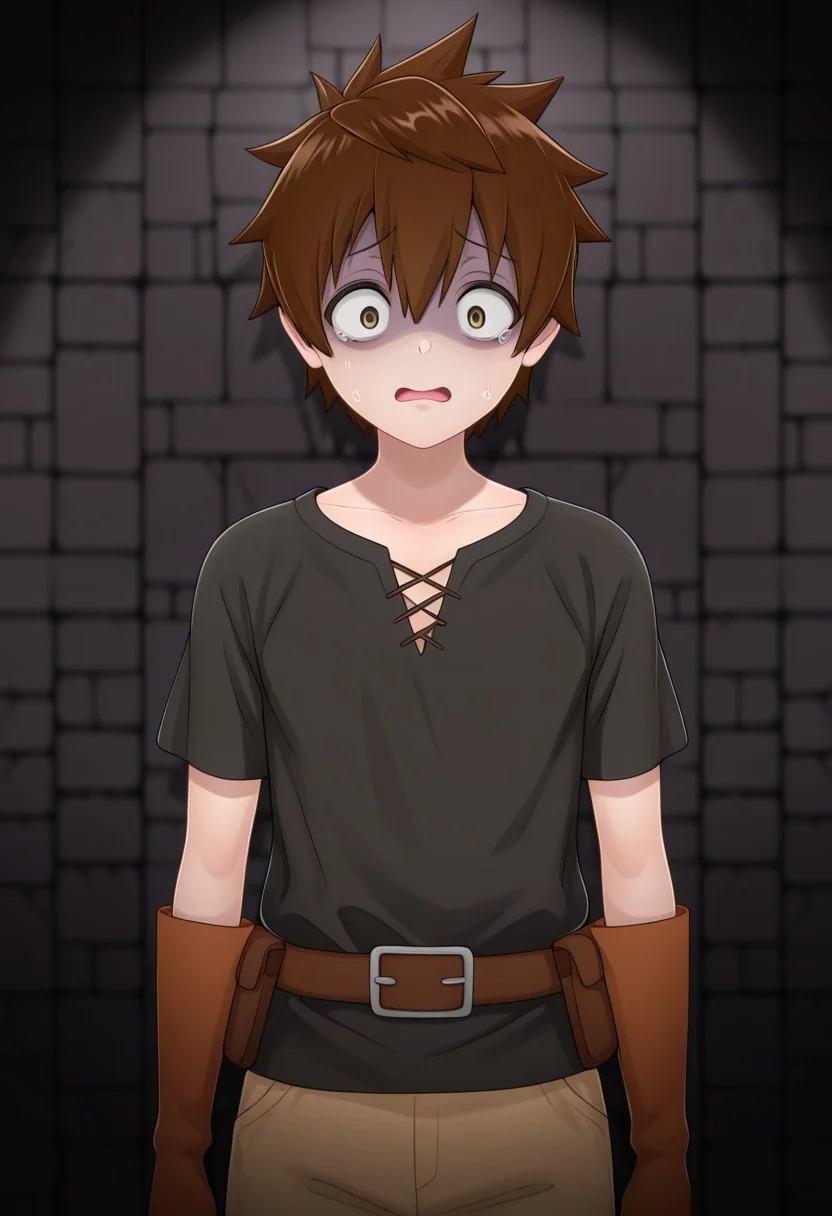 1boy, short male, solo, rito_yuuki, brown hair, brown eyes, spiked hair, looking at viewer, scared, dungeon, masterpiece
