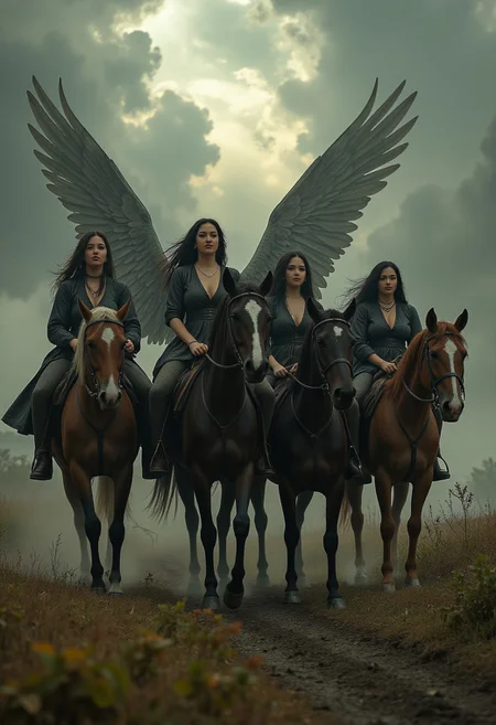 four beautiful women on horses representing the four horsemen of the apocalypse. A dystopian scene as the women ride the horses, dark angelic women,