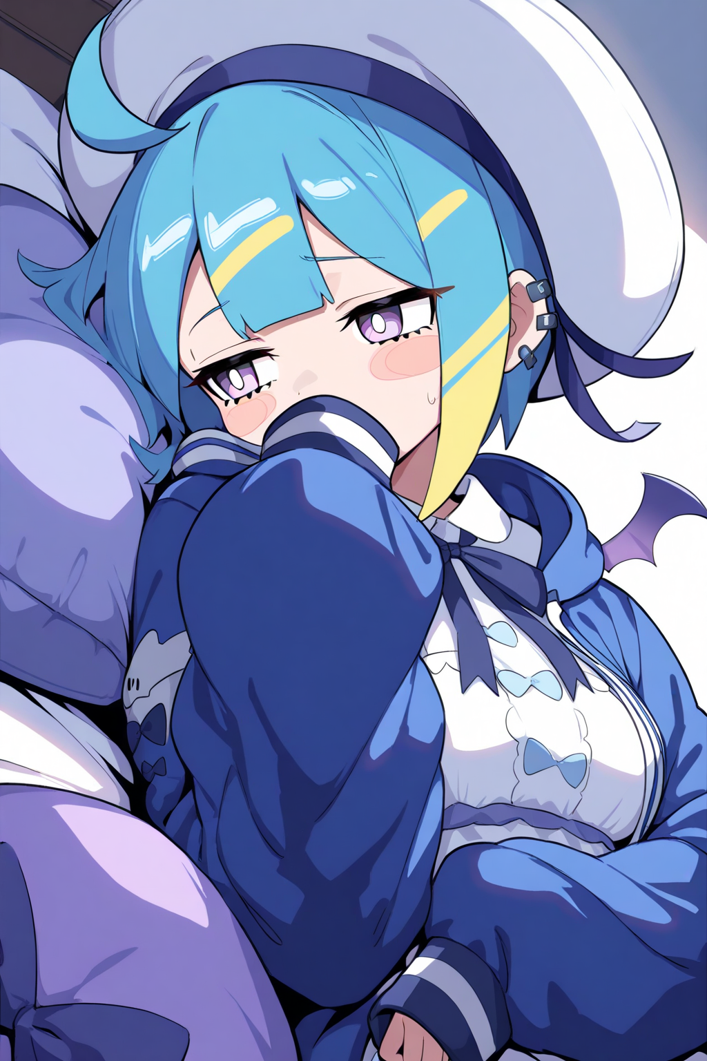 masterpiece, high score, great score, absurdres,
highly detailed digital illustration, anime style, high resolution, 
cinematic lighting, high contrast,
1girl, solo, dynamic angle, close-up, upper body,
live twin lil-la, live twin lil-la 1st costume,
purple eyes, 
looking away, embarrassed,
short hair,
blue hair, multicolored hair, streaked hair, blonde hair,
gradient hair,
blunt bangs,
sailor hat, hat ribbon, blue ribbon,
blush stickers,
multiple earrings, earclip,
sidelocks,
ahoge,
mini wings, purple wings,
blue jacket, hooded jacket,
lying, covering mouth,
long sleeves, puffy sleeves, sleeves past wrists,
heart pillow,
collared dress, white dress, neck ribbon, breasts,
blue bow, frills,
on bed,
<lora:kp_LiveTwinLil-laAnimagineXL_v1:1.0>