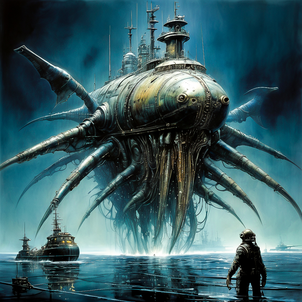 enki bilal inspired heavy metal art "a gargantuan, bio-mechanical creature rising from the depths of an alien ocean, its form illuminated by crackling energy and luminescent aquatic life, towering over a fleet of futuristic submarines", the contrast in colors and textures should be distinct dramatic lighting,vibrant yet slightly desaturated