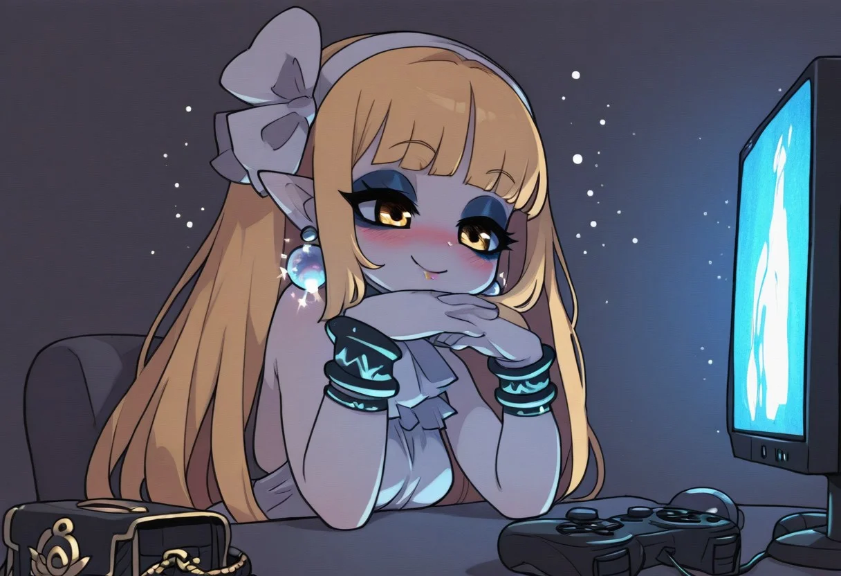 masterpiece, best quality, good quality, very aesthetic, absurdres, newest, 8K, detailed anime, depth of field, focused subject, vibrant colours, anime, BREAK front portrait of mage \(disgaea\), drunk, happy 1girl, mage \(disgaea\), blonde hair, golden eyes, long hair, white big headband, side big bow, (makeup), ((lipstick)), ((eyeshadow)), ((long eyelashes)), mascara, sleeveless shirt, sparkly bracelets, ((multiple bracelets)), flash bracelets, (sparkly earrings, loop earring, silver earring)), sexy face, (handbag), playing on a gaming computer, holding a game controller with both hands