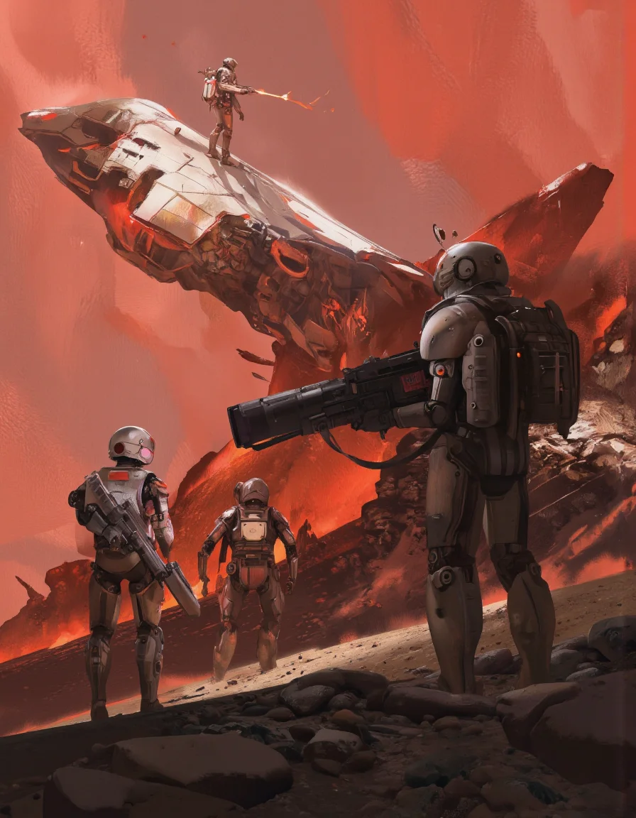 Art by Zhang Jing. A digital illustration shoot from a far camera angle about a futuristic scene depicting a group of soldiers and a futuristic spaceship in a post-apocalyptic setting, with a dramatic, intense atmosphere. the scene is set in a desert-like environment with rocky terrain and a large, damaged aircraft in the background. on the left side of the image, a robot stands with a large gun in hand, facing away from the viewer, wearing a futuristic suit and helmet, and holding a rifle, while on the right side, another robot stands on top of a damaged aircraft, holding a torch, with another robot standing nearby, watching the scene unfold. the robot in the foreground is wearing a helmet and armor, and has a backpack on its back, while the other robot is standing on the aircraft, also holding a weapon. the overall scene is filled with a sense of urgency and danger, with the red and orange hues of the fire and smoke adding to the ominous atmosphere.