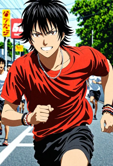 (4k), extremely detailed, hyper detailed, high resolution, professional photography, best quality, candid photo, 1boy, solo, male focus, easynegative, Yuusuke Fujisaki, Black Hair, t-shirt, looking at viewer, candid photo, angry, smile, Running, necklace, bracelet, anklet