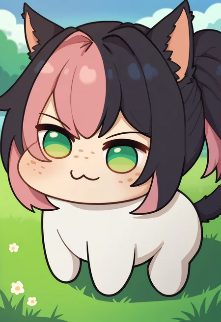 score_9, score_8_up, score_7_up BREAK solo, xivmc, cat girl, doro, creature, :3, chibi, no humans, white skin, solid circle eyes, no pupils, four legs, animal ears, two-tone hair, green eyes, freckles, tail, smug, from side, outdoors, grass, sunny, day, summer,<lora:clamXIVMC_locon-000001:1>  <lora:Doro_X_PDXL_V1:1>