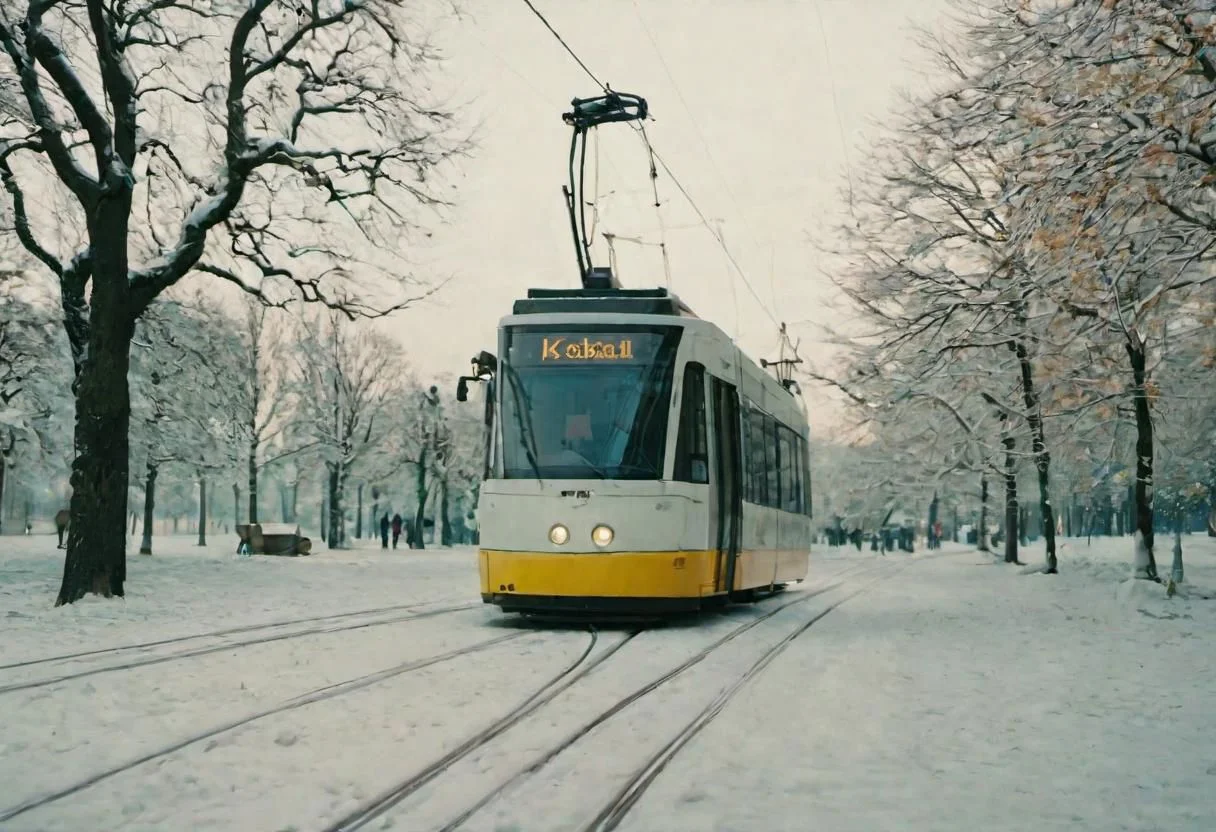 (Bokeh:1.1), kodak photo 38 mm, breath-taking film photography, movie effects, film grain, epic, masterpiece, best of the best, 4k uhd, intricate details, muted colors, wide shot of the modern tram passing by Vienna in winter, snowy, pines, gigantic frozen lake surrounding the whole frame, minimalistic, shallow depth of image, crisp, clear, haze lighting, muted colors, cloudy