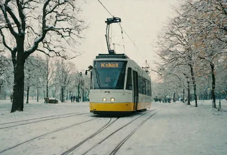 (Bokeh:1.1), kodak photo 38 mm, breath-taking film photography, movie effects, film grain, epic, masterpiece, best of the best, 4k uhd, intricate details, muted colors, wide shot of the modern tram passing by Vienna in winter, snowy, pines, gigantic frozen lake surrounding the whole frame, minimalistic, shallow depth of image, crisp, clear, haze lighting, muted colors, cloudy