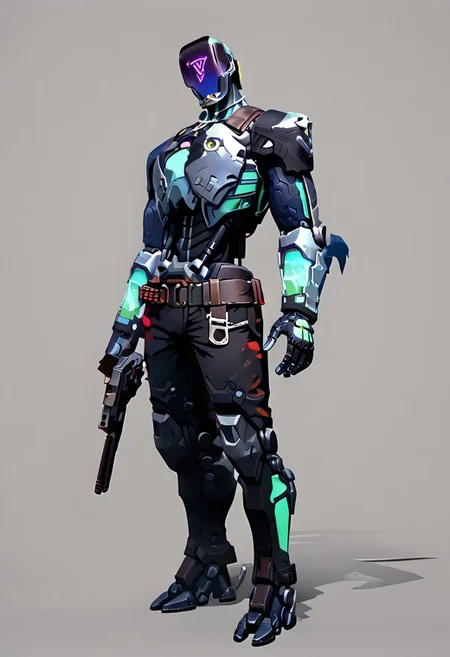 score_9,score_8_up,score_7_up,score_6_up, robot, kayo blue, triangle face,
BREAK
, full body, standing, pose, pose with a gun, holing a gun, looking at viewer,
BREAK
, best quality, high resolution, photo studio, photo shoot,