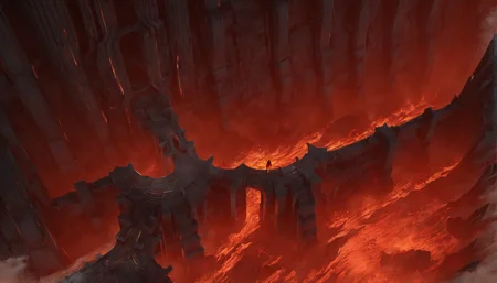 scene concept, lava field, 3d rendering, ultra-sharp detail, masterpiece, high quality, landscape, solo, standing, 1 other, very wide angle shot, wide angle shot, red theme, top view, lava, fire, abyss<lora:çå²©ä¹å°:1>