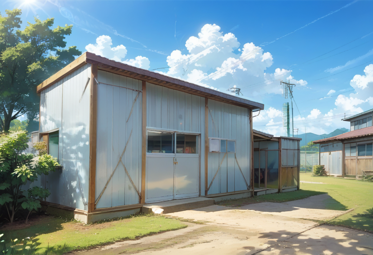 score_9, score_8_up, score_7_up, rating_safe, masterpiece, best quality, absurdres, unity 8k wallpaper, official art, official style, source_anime, uncensored, game cg, megami magazine,
taikusouko, scenery, cloud, sky, building, fence, day, exterior, outdoors, blue sky, summer, cloud, sunlight, 
 <lora:gakkou_taiikusouko_PONY_V1:1>