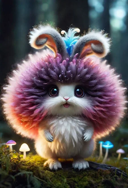 Mix the glowing-mushrooms, bunny and curly fur to create adorable magical creature with big glowing eyes, masterpiece, Surrealism, close-up, macro photo, f/1.2, backlighting, Albert Edelfelt, multicolored hair