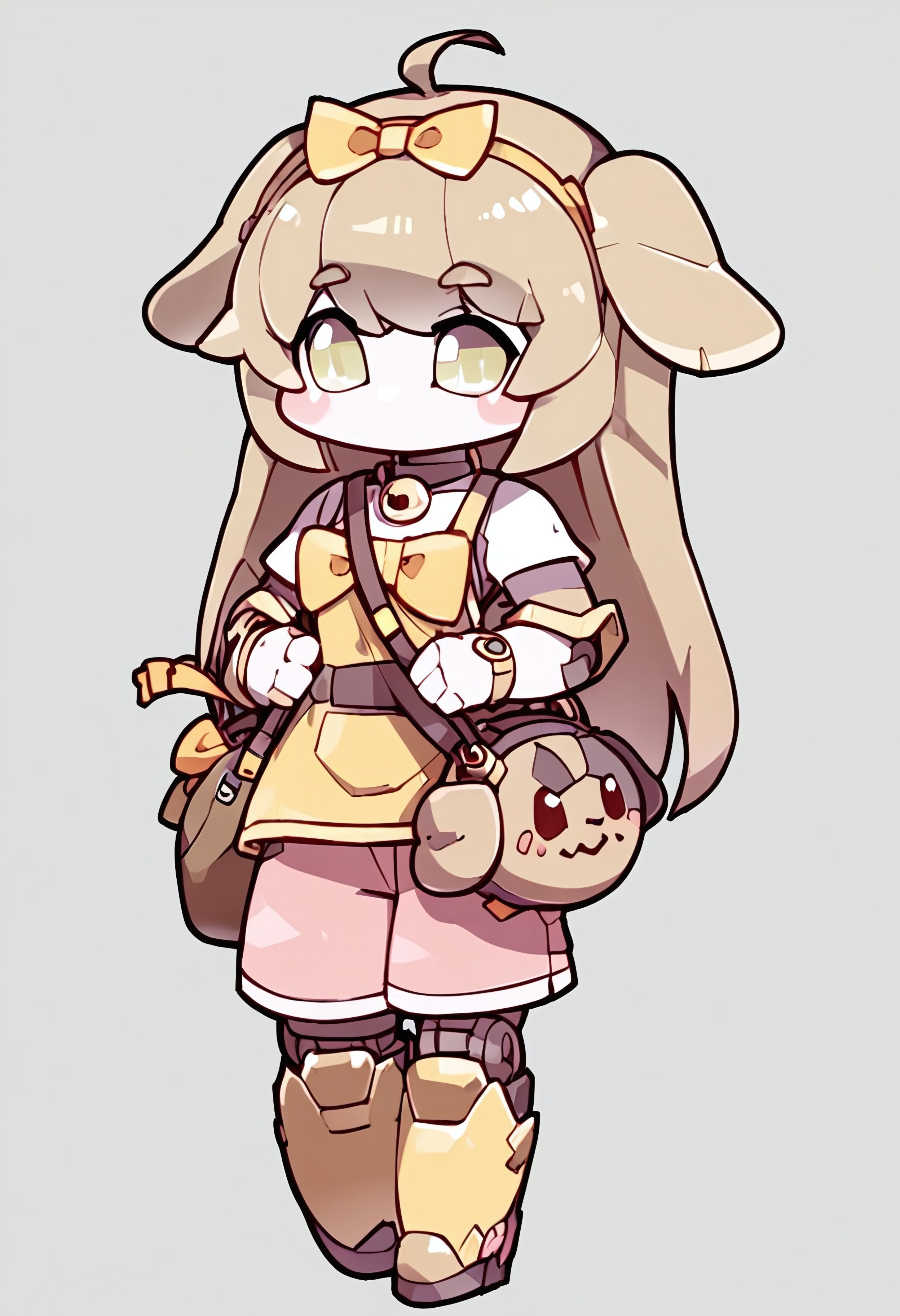 score_9,score_8_up,score_7_up,score_6_up, solo, 1girl, ahoge, JanePorterXLP, Trickcal Butter, chibi, robot, mecha, simple background, no humans, humanoid robot, standing, robot joints, no mouth,Headband with yellow ribbon in the middle, necklace with bells, yellow ribbon on the chest,1 dog shaped mini bag, pink shorts, golden retriever ears, light brown hair, long hair