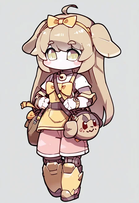 score_9,score_8_up,score_7_up,score_6_up, solo, 1girl, ahoge, JanePorterXLP, Trickcal Butter, chibi, robot, mecha, simple background, no humans, humanoid robot, standing, robot joints, no mouth,Headband with yellow ribbon in the middle, necklace with bells, yellow ribbon on the chest,1 dog shaped mini bag, pink shorts, golden retriever ears, light brown hair, long hair