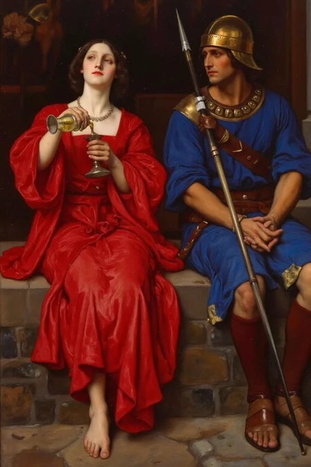 edwinabbey1 painting.
jwwaterhouse1.
On the left is a young woman with dark hair, wearing a red robe, sitting on a stone throne. She is pouring into a goblet from a small bottle with a focused expression on her face. On the right sits a man, shown in side profile. He is dressed in a blue tunic and wearing golden helmet, watching the woman intently. He his holding a spear with both hands.
<lora:edwinabbey1_cap_d6a3:1.0><lora:837014363777874710:0>