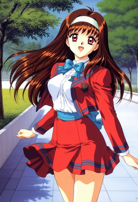 masterpiece, best quality, amazing quality, good quality, 1girl, Yuuki_Mizuho_OVA, long hair, brown hair, white hairband, red eyes, 1990s \(style\), breasts, school uniform, red blazer, blue ribbon, open jacket, shirt, white shirt, skirt, blue sash, sash, red skirt, looking at viewer, smile, open mouth, cowboy shot, outdoor, day, schoolyard, tree,
