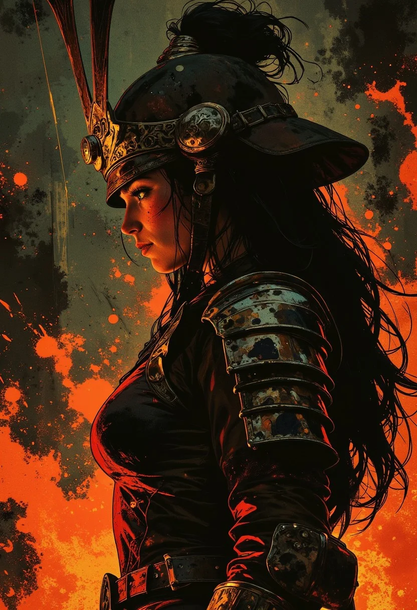 Silhouette Art, breathtaking detailed, masterpiece, awe-inspiring, radiant, magnificent. (all dark hues and fine vibrant orange glowing smoldering accent and shiny silver color scheme:1.02). glossy. stunning oriental woman, long hair, samurai helmet, red leather samurai armour, side profile, closeup portrait, chiascuro