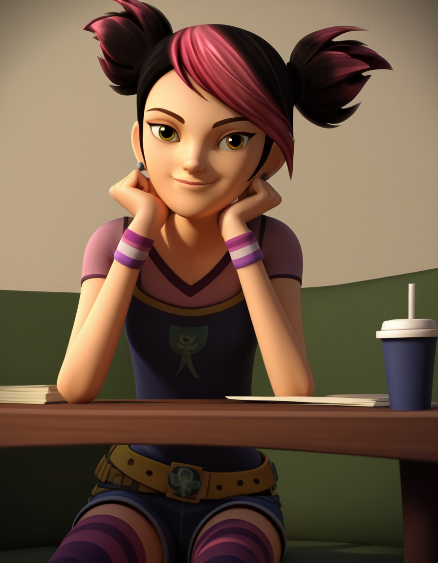 score_9, score_8_up, score_7_up, source_anime, <lora:miko-nakadai-cartoon-ponyxl-lora-nochekaiser:1>, miko nakadai, short hair, black hair, pink hair, multicolored hair, two-tone hair, twintails, streaked hair, 3d,, jewelry, earrings, wristband, camisole, shirt, short sleeves, striped, striped kneehighs, belt, shorts, denim,, indoors, smile, looking at viewer, solo, sitting, head rest, table,, cowboy shot, dutch angle