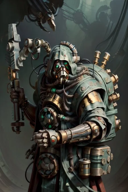 ((masterpiece,best quality)), absurdres, BREAK
mechanical arms, robes, hood, BREAK
((techpriest)), cyborg, mechanical face, mechanical limbs, gas mask, mechanical tentacles, (mechanical backpack), green cloak, BREAK
1other, solo, holding gun, weapon, gun, firearm, BREAK
(ZonaiAI),
