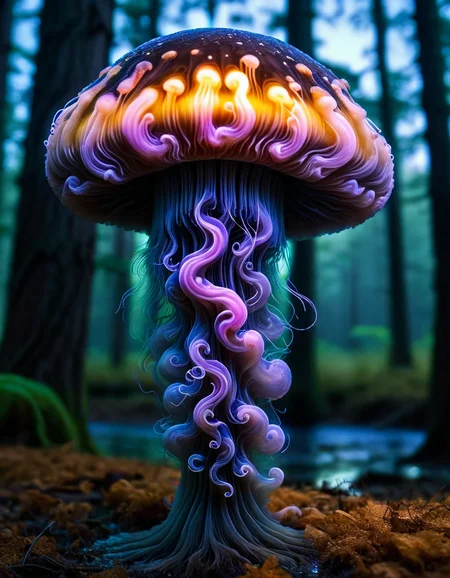 colorful slimey glowing jellyfish mushroom, nature, forest, outdoors, tree, walking, water, at night, bright sky <lora:ral-cnvctncrnts:1> ral-cnvctncrnts