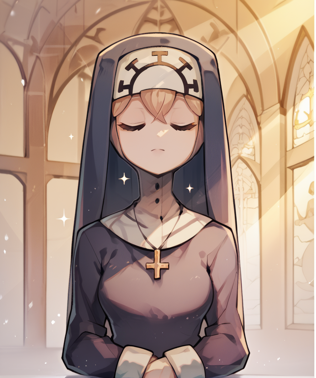 score_9, score_8_up, score_7_up, score_6_up, score_5_up, score_4_up, 
dublexl, closed eyes, 
standing, upper body, facing viewer, 
nun, blue habit, cross necklace, long sleeves, 
church, shadows, sparkle, light rays, <lora:Doublexl-SG12v6a:1>,