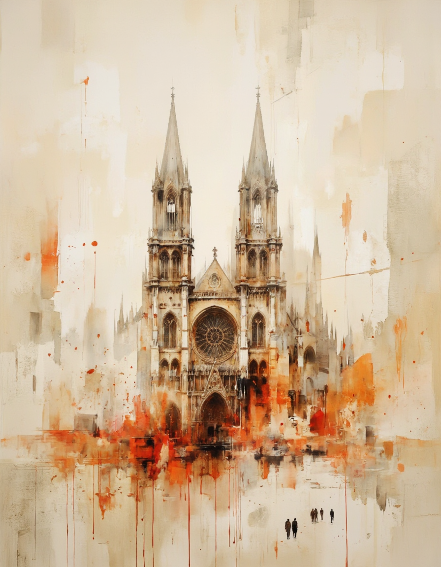AquarelleIV. A digital illustration shoot from a low angle about a detailed and abstract painting of a cathedral with a mix of abstract textures and colors. the image features a large, gothic cathedral with two tall spires and a large rose window in the center, surrounded by a foggy atmosphere with splashes of orange and red. the cathedral is the focal point of the image, standing out against the muted tones of the beige and orange hues. in the foreground, a group of people can be seen walking towards the cathedral, adding a sense of movement and life to the scene. the overall effect is one of chaos and destruction, with the colors blending together to create a dynamic and abstract composition.