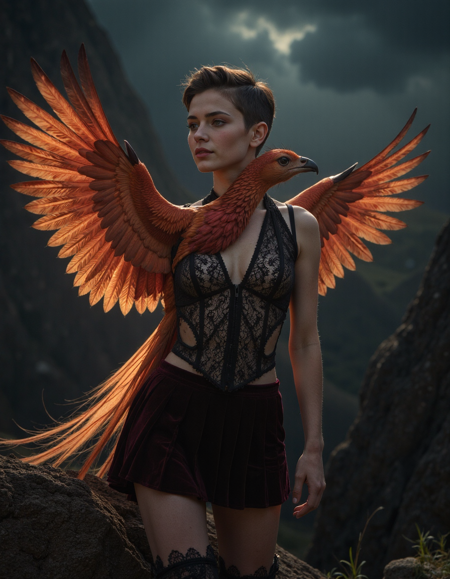 waning light,dslr,(masterpiece best quality ultra-detailed best shadow amazing realistic picture),beneath the gaze of the cosmic phoenix,Long exposure,dressed in a lace bodysuit with a velvet mini skirt and thigh-high boots,Grey,Chocolate Hair,a girl pixie hair shaved hair