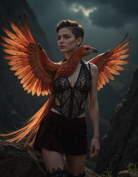 waning light,dslr,(masterpiece best quality ultra-detailed best shadow amazing realistic picture),beneath the gaze of the cosmic phoenix,Long exposure,dressed in a lace bodysuit with a velvet mini skirt and thigh-high boots,Grey,Chocolate Hair,a girl pixie hair shaved hair