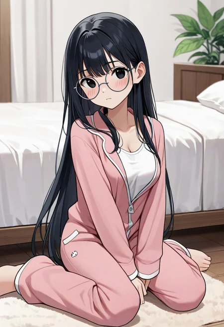 ZPDXL3, score_9, score_8_up, score_7_up, score_6_up, score_5_up, score_4_up, 1girl, medium breasts, solo,
onesie pajamas, bedroom, sitting, blush,
cilily, black hair, long hair, black eyes, round eyewear,