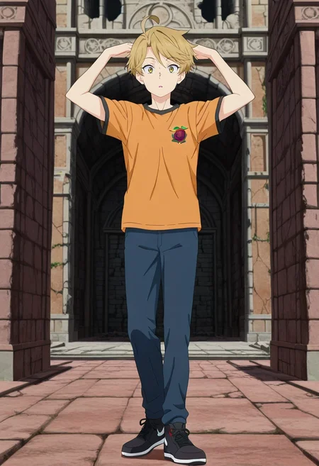 masterpiece, best quality, , anime screencap, anime coloring, official style, looking at viewer, 1boy, solo, male focus, <lora:yuuma_nikaidou_ilxl:0.92>, yuuma_nikaidou, blonde hair, yellow eyes, short hair, ahoge, Petra, Jordan, rose-red stone, ancient city ruins, standing pose, amazed expression, midday sun,