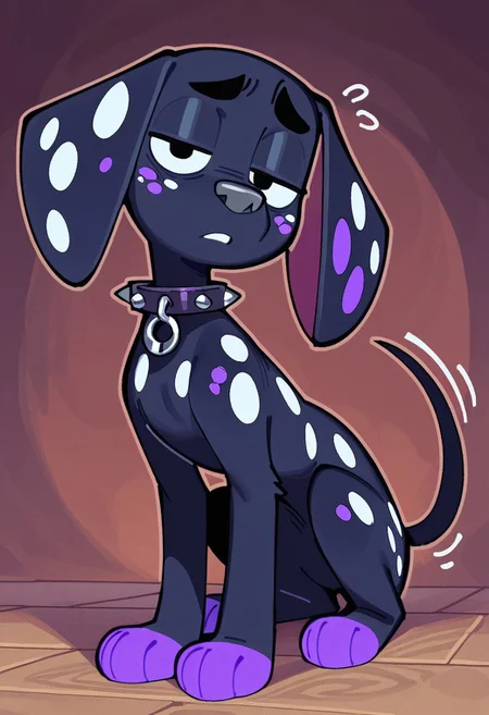 artist:wamudraws, masterpiece, best quality, amazing quality, Dante(101), solo, feral dog, animal, quadruped, 1boy, dalmatian, dalmatian dog, feral, dog, dalmatian, black fur, white spots, purple spots, purple paws, gray nose, baggy eyes, spiked collar, full body, head tilt, snout, looking at viewer, bored expression, bored, boren emotion, half closed eyes, tall dog, skinny dog,