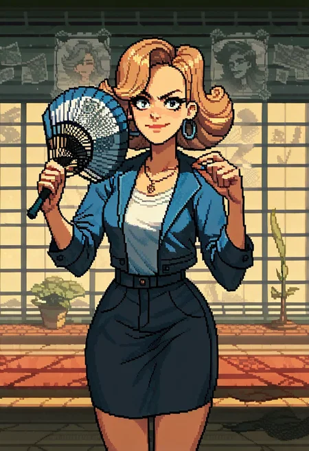score_9, score_7_up, masterpiece, detailed quality, 1girl, solo, detailed background, score_9, source_anime, score_8_up, score_7_up, , , 2d, looking at viewer, Kitty Cartwright, dojo, holding fan,Pixel_Art
