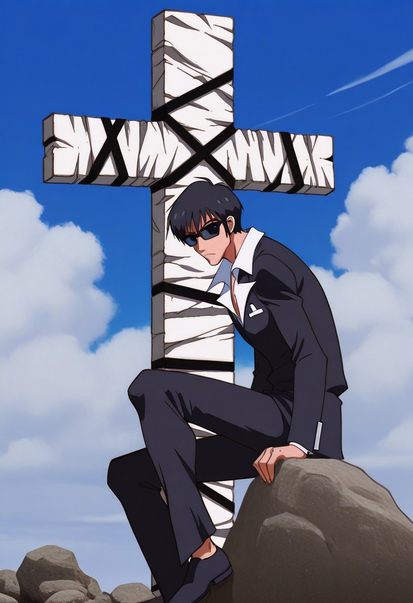 trigunstylev2, amazing quality, best quality, masterpiece, absurdres, Nicholas D. Wolfwood, 1boy, cross punisher, serious, sunglasses, covered eyes, outdoors, cloud, sitting, rock, from side
