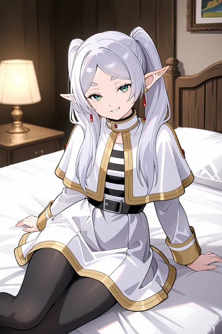 1girl, frieren, solo, twintails, earrings, black pantyhose, black belt, capelet, white skirt set, striped shirt, white jacket, upper body, bedroom, depth of field, sitting on side of the bed, reclining, arm support, ecstasy, gasping, smirk, looking at viewer <lora:Char-Frieren-IL-V1:0.8:hr=0.6>, (kanzaki hiro, konya karasue, mika pikazo, rella:0.6)
masterpiece, best quality, amazing quality, very aesthetic, absurdres, newest, (scenery, volumetric lighting), ray tracing, (bloom:1.4), cinematic