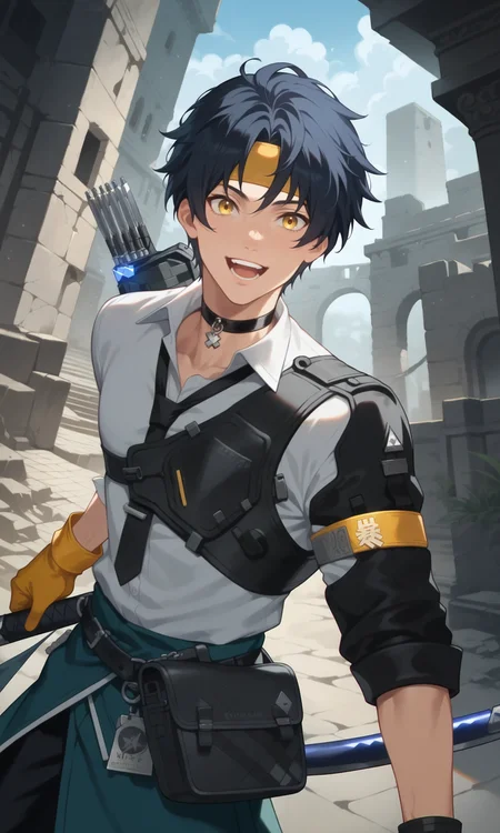 score_9, score_8_up, score_7_up, masterpiece, best quality, lots of details, dynamic pose, (dynamic angle:1.1), ((1boy)), slim, male focus, solo, Harumasa, open mouth, teeth, smile, looking at viewer, black hair, hair over ears, black belt bag, gloves, yellow handband, black choker, quiver, yellow eyes, yellow headband, gloves, white shirt, weapon, shaded, detailed shading, detailed skin, shaded skin, realistic shading, Expressiveh, countershading:1.1, ruins, night, outdoors, <lora:add-detail-xl:0.7>, <lora:Smooth Anime 2 Style SDXL_LoRA_Pony Diffusion V6 XL:0.8>, <lora:Expressive_H:0.8>, <lora:Harumasa_XL_V10_OPT:1>
