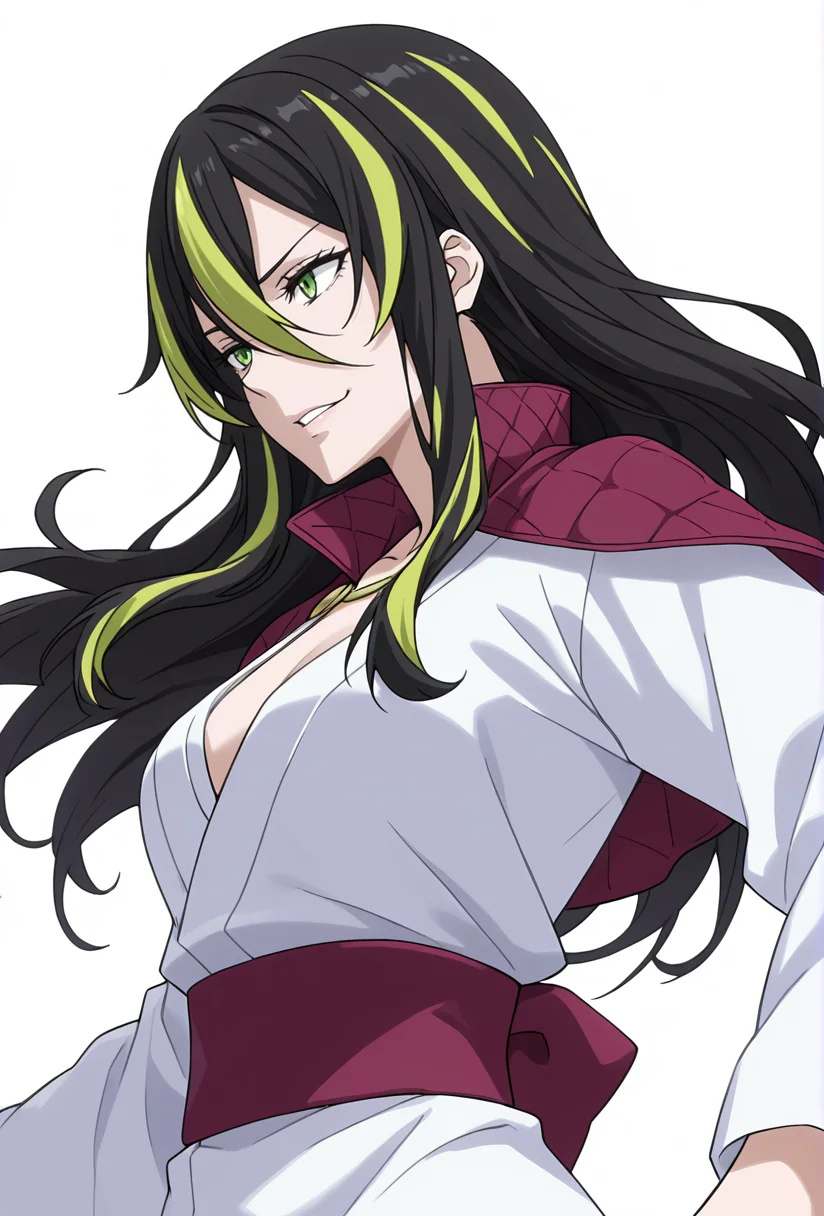 Smooth Quality,masterpiece,very intricate, high quality details, ultra realistic, high detailed skin,detailed enviorement,absurdres,
simple background, white background,
bent back, Middle of spine pushed backwards,rape face,\m/ ,
<lora:Albiscnn:0.8> albiscnn,1girl,long hair,hair between eyes, medium breasts, green eyes, streaked hair,
japanese clothes,white kimono, sash,red capelet, long sleeves, sleeves,black nails, jewelry,