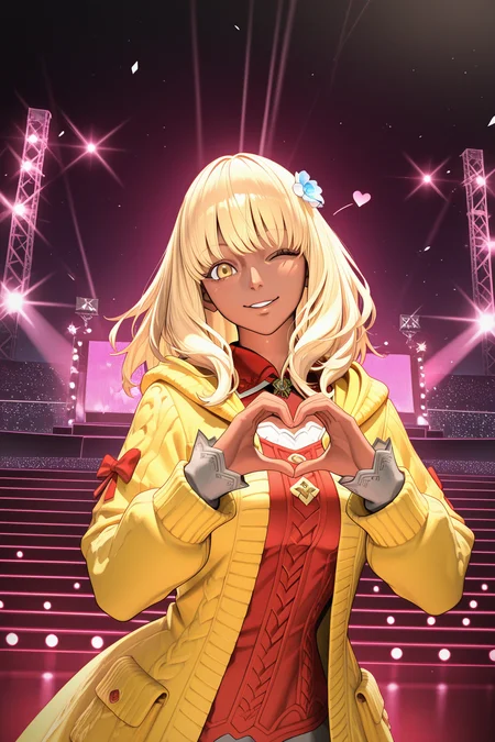masterpiece, best quality, amazing quality, absurdres, honeyhyune, blonde hair, yellow coat, red shirt, dark skin, dark-skinned female, solo, smile, wink, one eye closed, heart hands, looking at viewer, medium breasts, outdoors, stage, stage lights, bright colors, vibrant colors