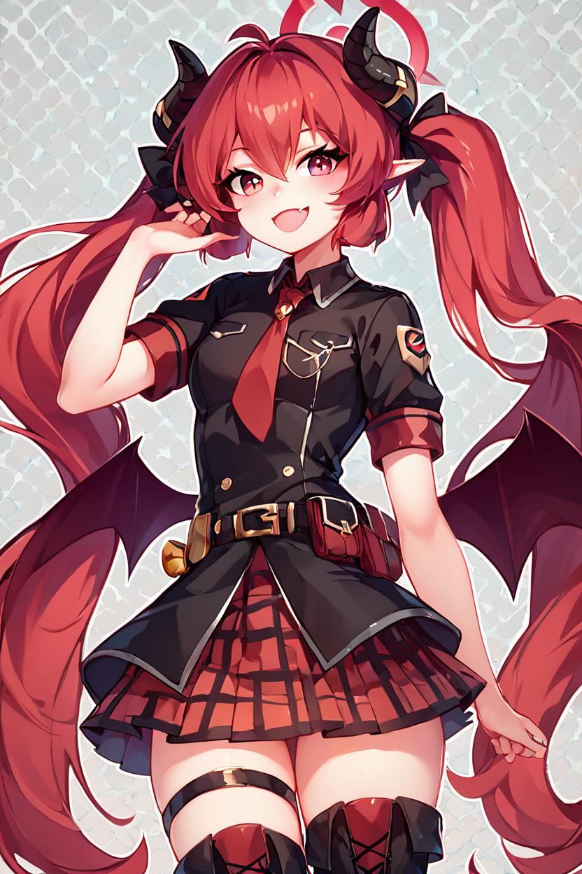 score_9, score_8_up, score_8, medium breasts, (curvy), cute, eyelashes,       BREAK, , ,,, zzJunko, red eyes, red hair,  red halo, horns, long hair, twintails, halo, demon horns, pointy ears, wings, hair between eyes, demon wings, very long hair, black horns, low wings,  ribbon black shirt, pleated skirt, red skirt, short sleeves, plaid skirt, red necktie, thigh strap, belt, fang, black footwear, boots, <lora:Junko_BlueArchive_PDXL:0.8>,   ,,,, BREAK, smile, looking at viewer, ,,, abstract background, white outline, cowboy shot, ,,, embedding:zPDXL, Expressiveh, ,,, <lora:CatalystStylePDXL:0.6>, <lora:SDXLFaeTastic2400:0.5>, <lora:Expressive_H-000001:0.4>,