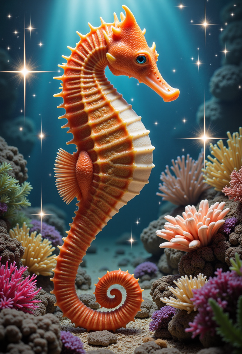 a seahorse in a coral reef surrounded by sparkling effect