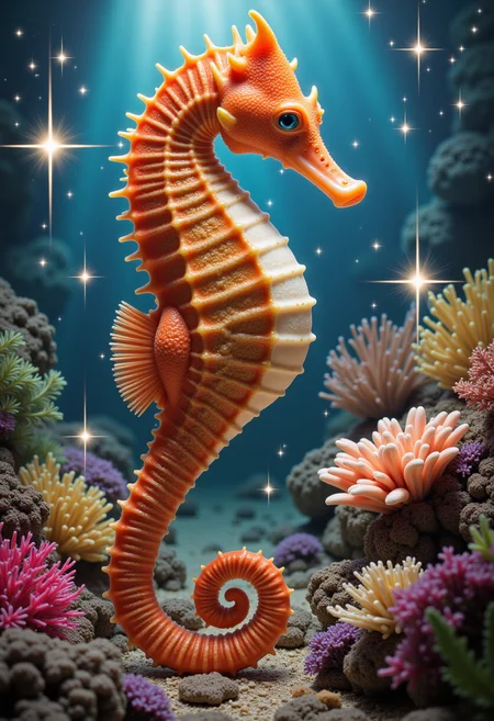 a seahorse in a coral reef surrounded by sparkling effect