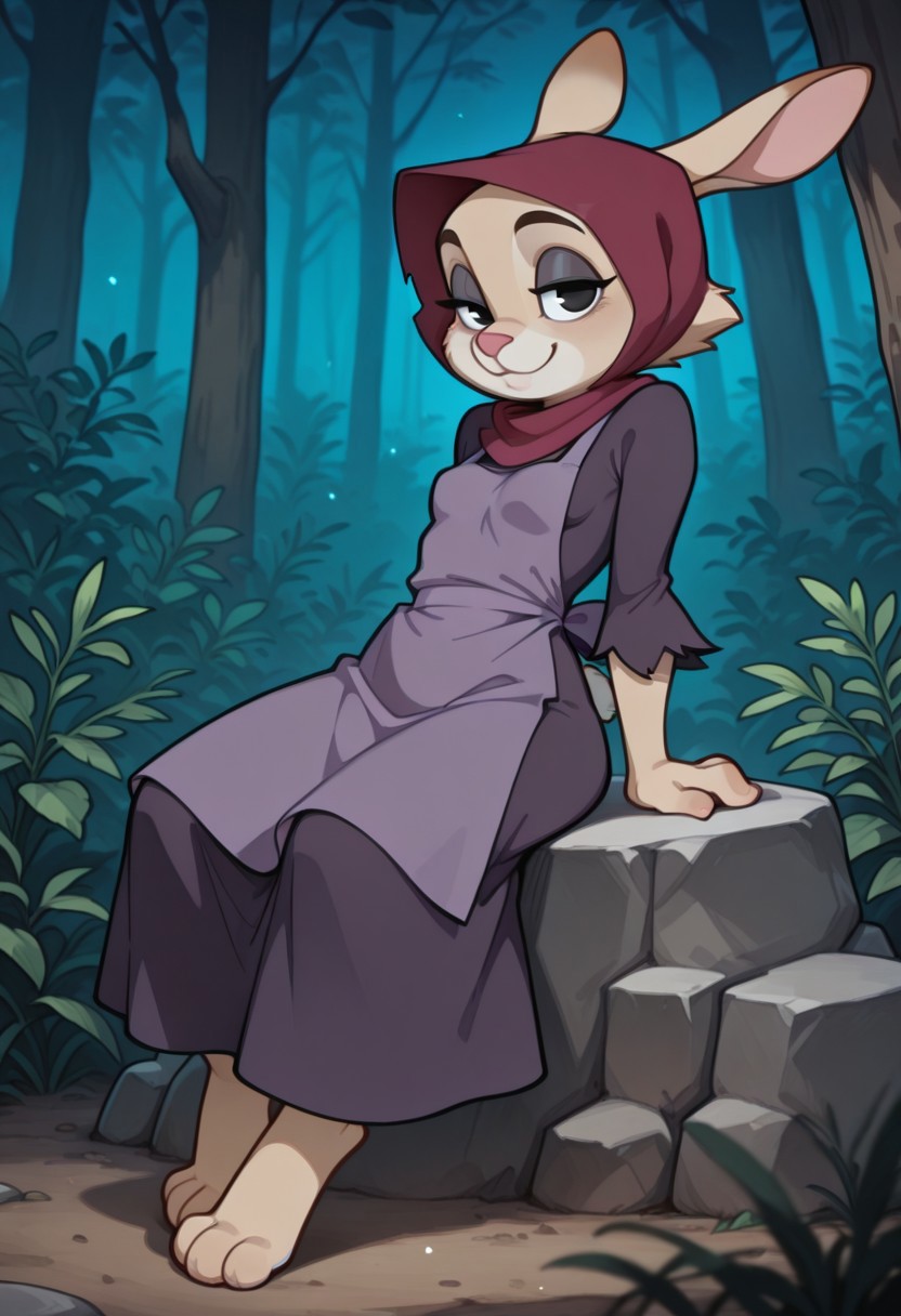 score_9,score_8_up,score_7_up,score_6_up, masterpiece, best quality, very aesthetic, 2d, ((thin lines)), 
background is outside, in forest, day,
volumetric lighting, light particles, cinematic lighting, depth of field, 
BREAK 
1girl, solo, female, motherrabbitRHil, anthro, female, rabbit_girl, beige fur, black eyes, (4 fingers:1.2), (shortstack:0.5), narrow waist, small breasts, (young:1.3), (cute), (sexy),
smile, happy, lidded eye,
 dark purple dress, torn sleeves, lavender apron, maroon head_scarf,
full body, from the front,
(sitting on a rock:1.2), leaning back hands on rock, arched_back, looking at viewer,