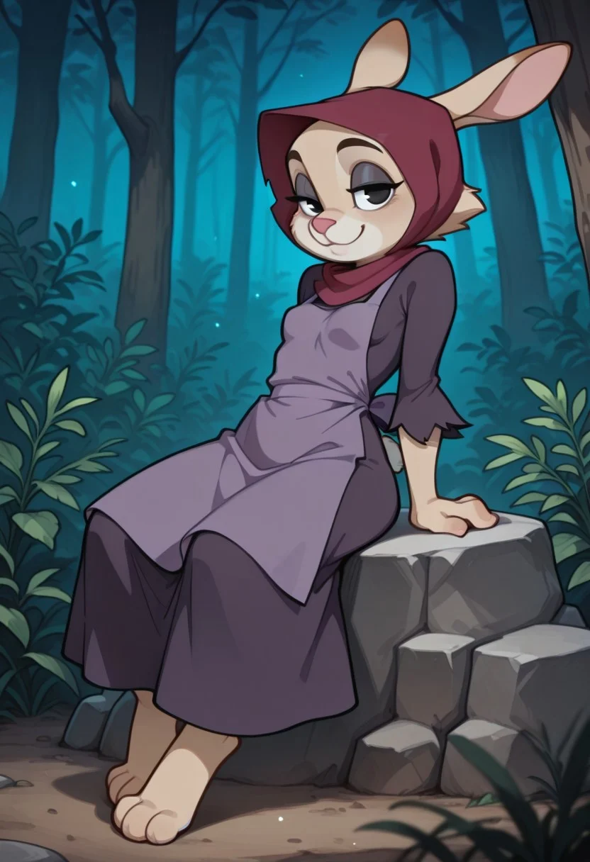 score_9,score_8_up,score_7_up,score_6_up, masterpiece, best quality, very aesthetic, 2d, ((thin lines)), 
background is outside, in forest, day,
volumetric lighting, light particles, cinematic lighting, depth of field, 
BREAK 
1girl, solo, female, motherrabbitRHil, anthro, female, rabbit_girl, beige fur, black eyes, (4 fingers:1.2), (shortstack:0.5), narrow waist, small breasts, (young:1.3), (cute), (sexy),
smile, happy, lidded eye,
 dark purple dress, torn sleeves, lavender apron, maroon head_scarf,
full body, from the front,
(sitting on a rock:1.2), leaning back hands on rock, arched_back, looking at viewer,