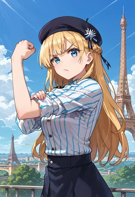 score_8, score_8_up, score_7_up, official art, source_anime, 1girl, solo, female focus, br_d_h, clenched hand, hand on own arm, beret, black headwear, long hair, blonde hair, striped shirt, black skirt, french braid, outdoors, sky, eiffel tower, looking at viewer, disgust, angry,