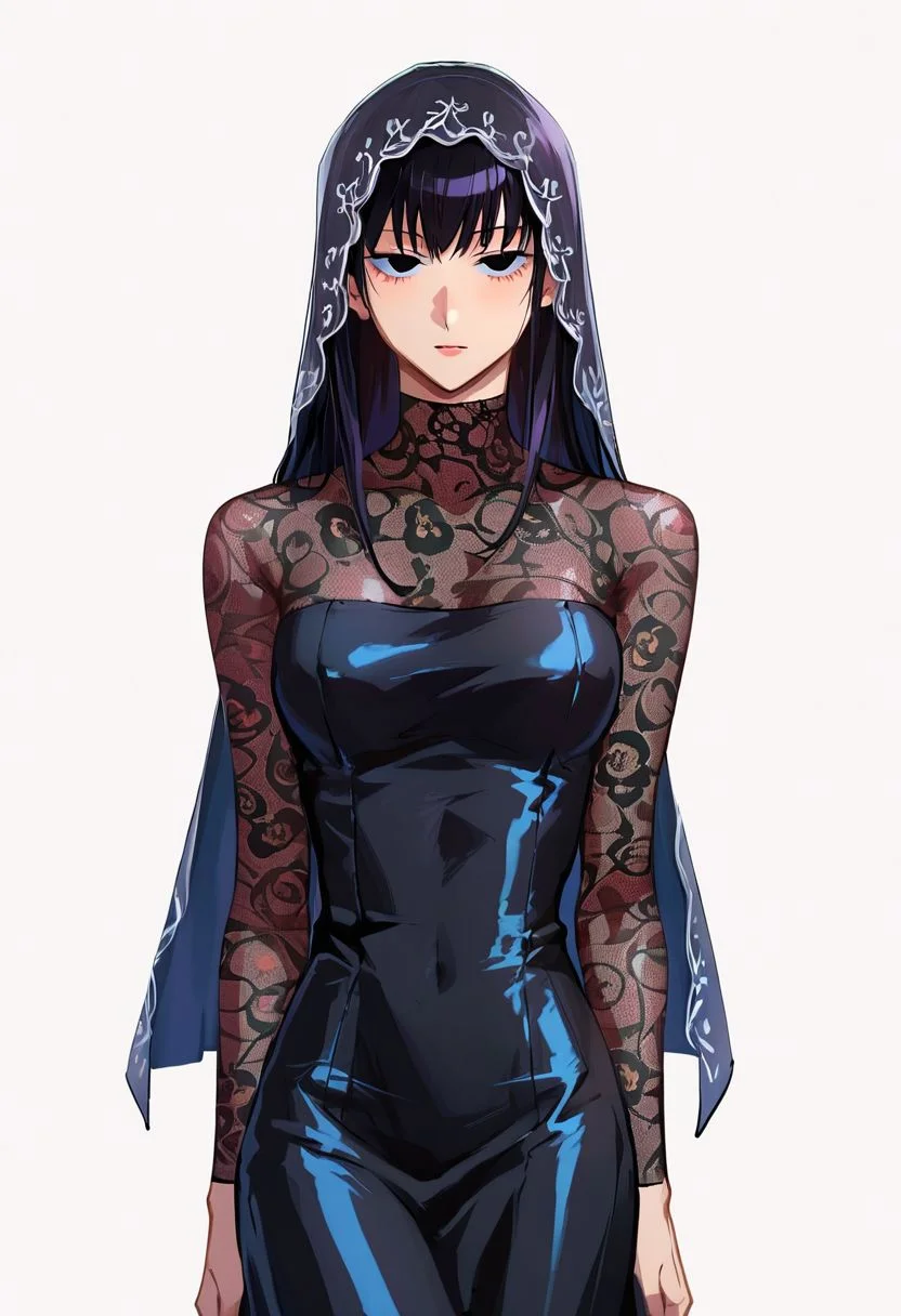 score_9, score_8_up, score_7_up, score_9,4k, HD, 8k, highres, BREAK, Sainttufa, 1girl, solo, emotionless, Osaragi, Black hair, long hair, black eyes, veil, black dress, floral pattern, intricate, see-through, arms at sides, half body, thighs, looking at viewer, white background