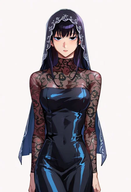 score_9, score_8_up, score_7_up, score_9,4k, HD, 8k, highres, BREAK, Sainttufa, 1girl, solo, emotionless, Osaragi, Black hair, long hair, black eyes, veil, black dress, floral pattern, intricate, see-through, arms at sides, half body, thighs, looking at viewer, white background