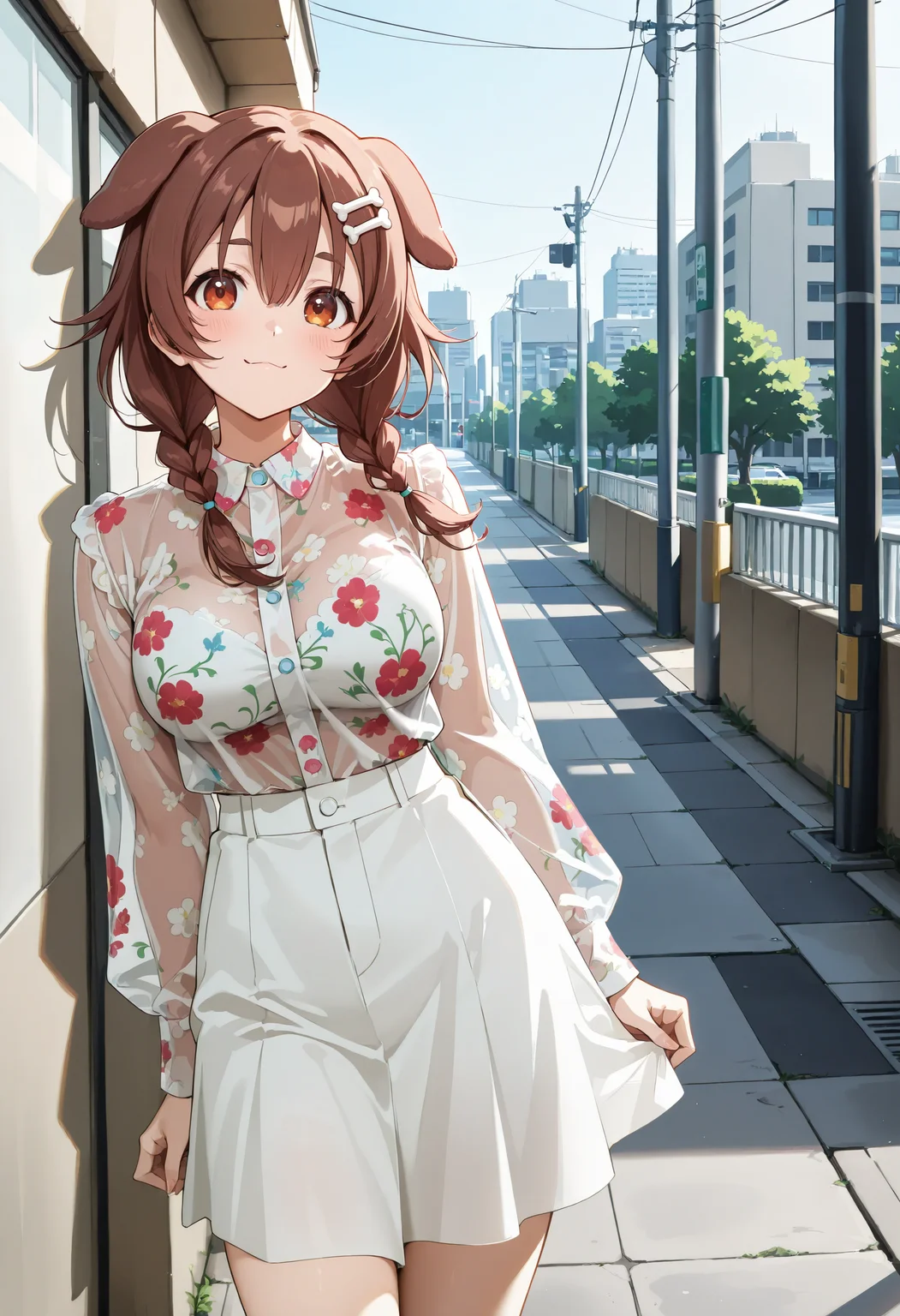1girl,solo, floral, shirt, see-through, floral print, white skirt, inugami_korone, city