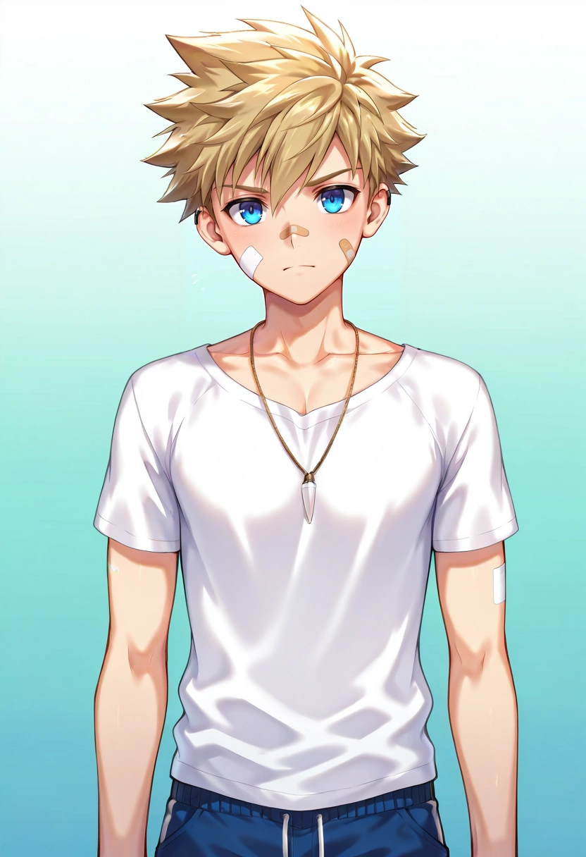 masterpiece, best quality, 1boy, solo, male focus, <lora:connor_bleufin_ilxl:0.92>, connor_bleufin, blonde hair, blue eyes, short hair, spiked hair, bandaid on face, necklace, cowboy shot