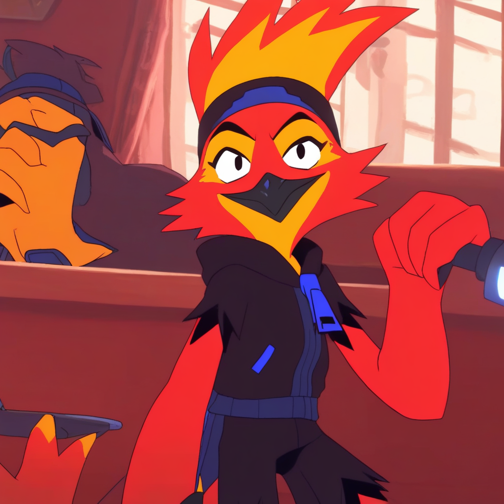 Ash(character), avian, female, bandanna, ash outfit, black beak, inside, cool pose, smile, solo, living room,